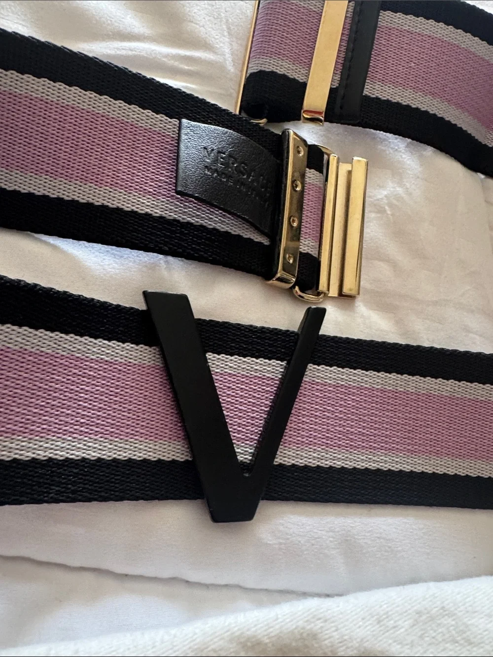 Authentic Versace Pink and Black Elastic Waist Belt with Gold Hardware